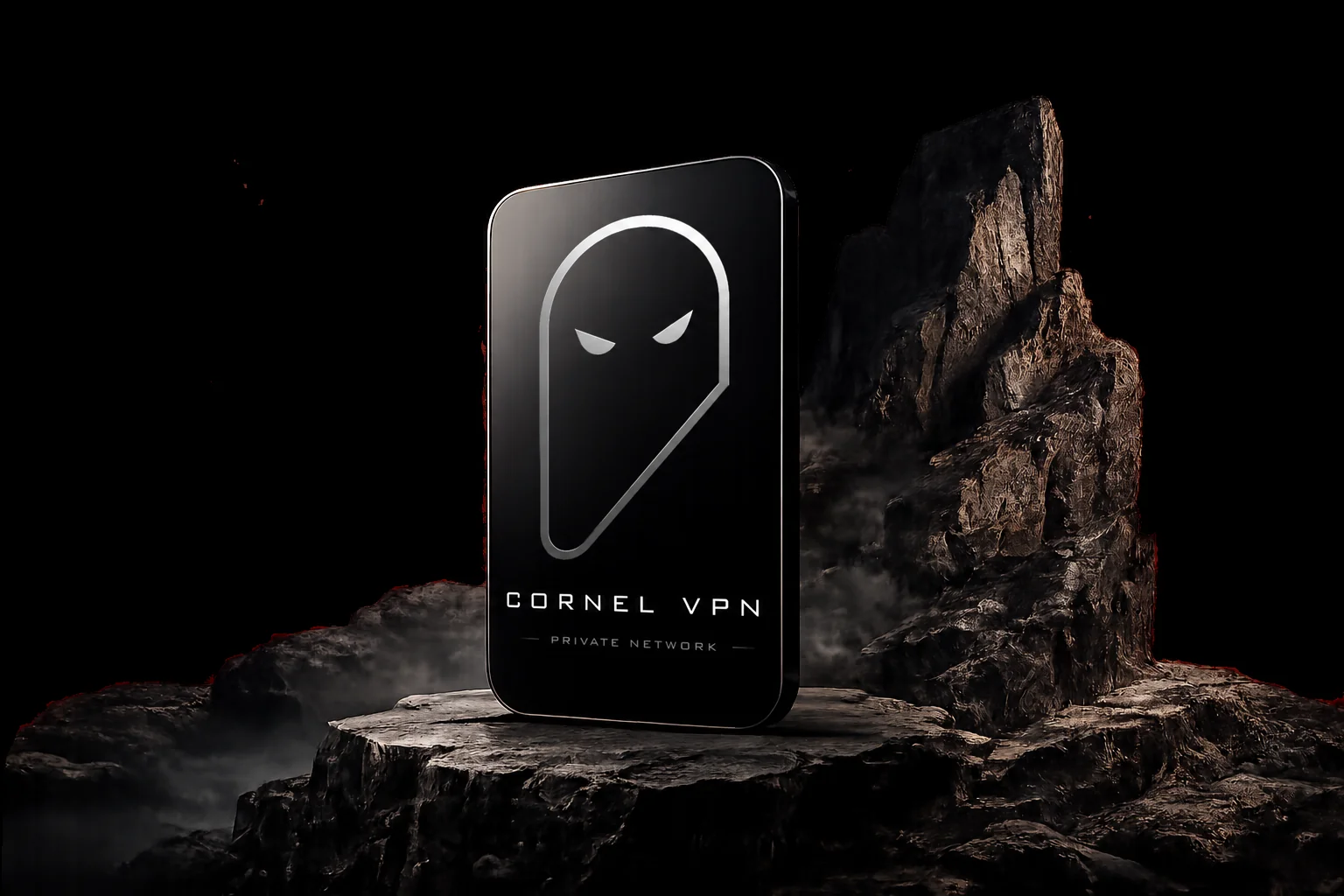 Телефон с надписью Cornel VPN на экране среди скал